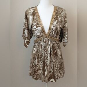 Sky 100% silk feather gold chain trim top S